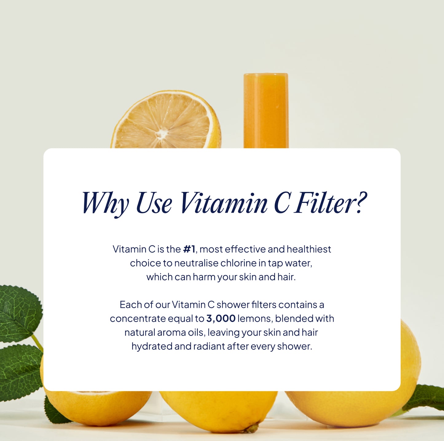Vitamin C shower filter with lemons and a card explaining its benefits on a light background