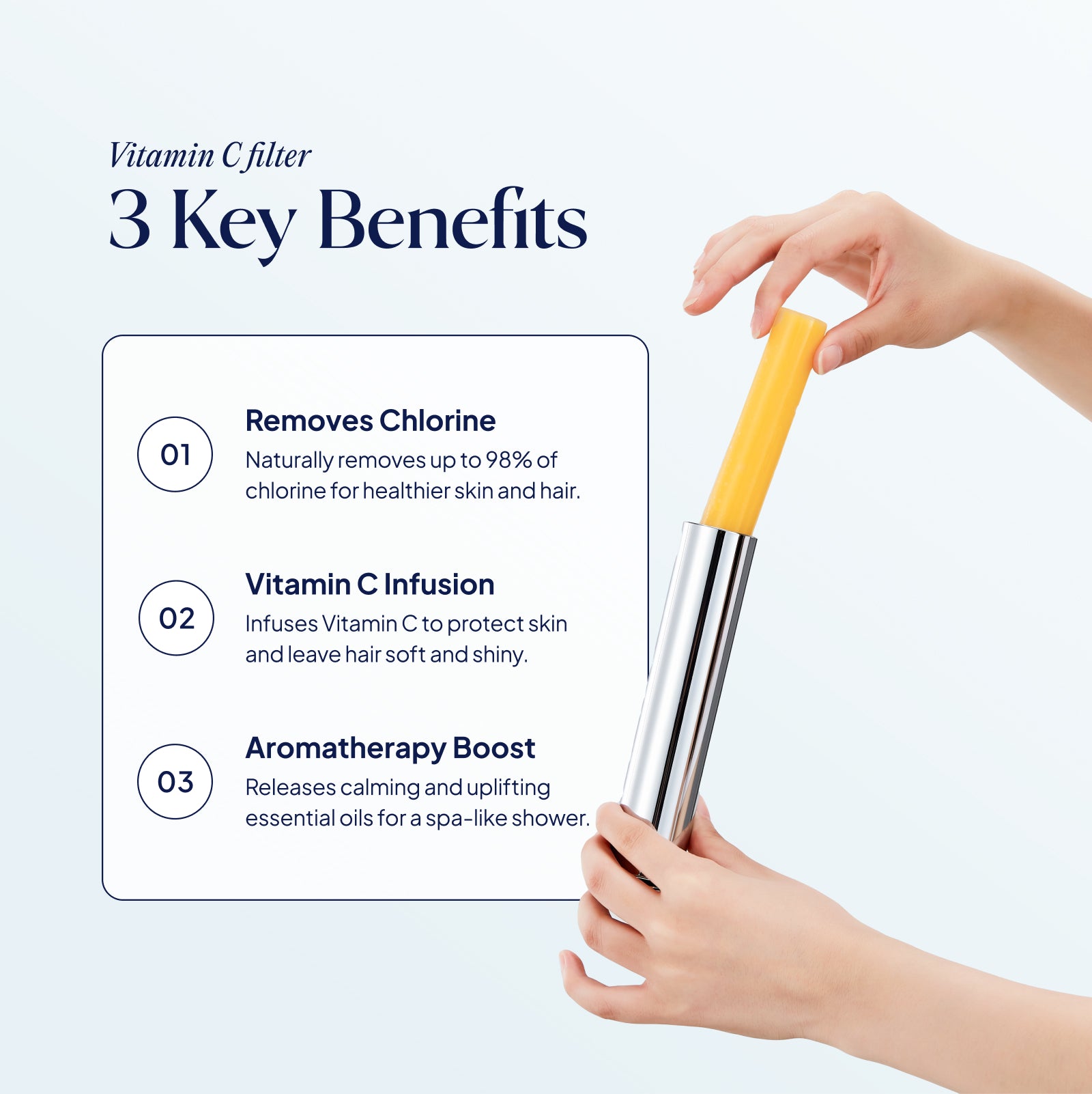 Product with text detailing '3 Key Benefits' on a light blue background